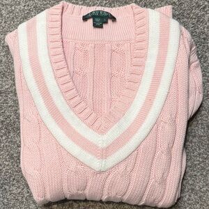 NWOT Lauren Ralph Lauren Pink and White Cable Knit V Neck Sweater NEVER WORN